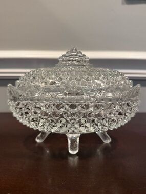Vintage Hobnail Clear Pressed Glass Covered Candy Dish with Footed Base